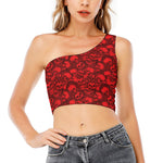 Red Punk Skull Pattern Print One Shoulder Crop Top