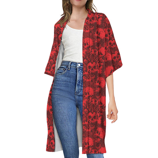 Red Punk Skull Pattern Print Open Front Beach Cover Up