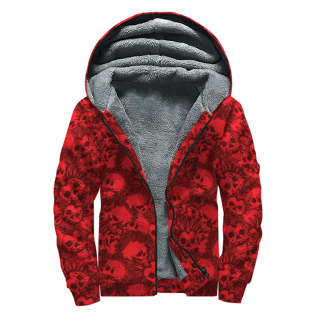 Red Punk Skull Pattern Print Sherpa Lined Zip Up Hoodie