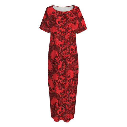 Red Punk Skull Pattern Print Short Sleeve Long Nightdress