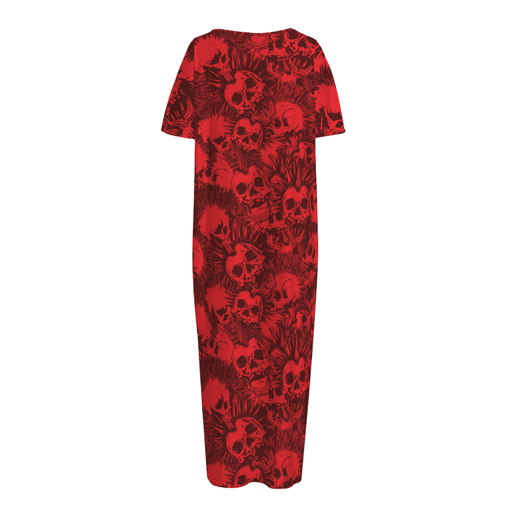Red Punk Skull Pattern Print Short Sleeve Long Nightdress
