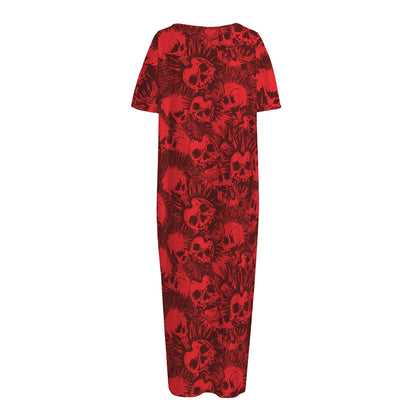 Red Punk Skull Pattern Print Short Sleeve Long Nightdress