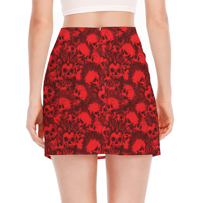 Red Punk Skull Pattern Print Side Slit Mini Skirt