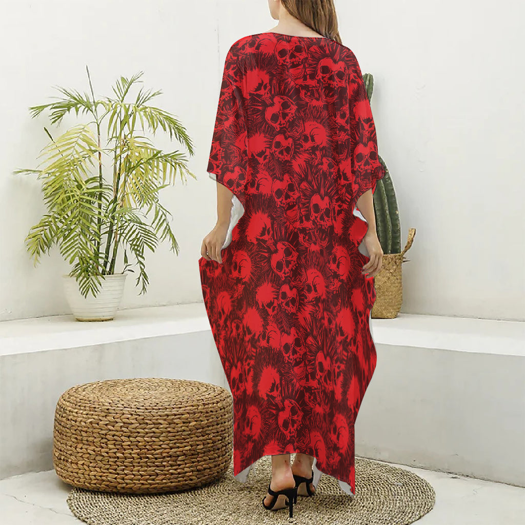 Red Punk Skull Pattern Print Silk V-Neck Kaftan Dress