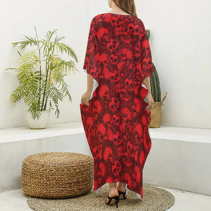 Red Punk Skull Pattern Print Silk V-Neck Kaftan Dress