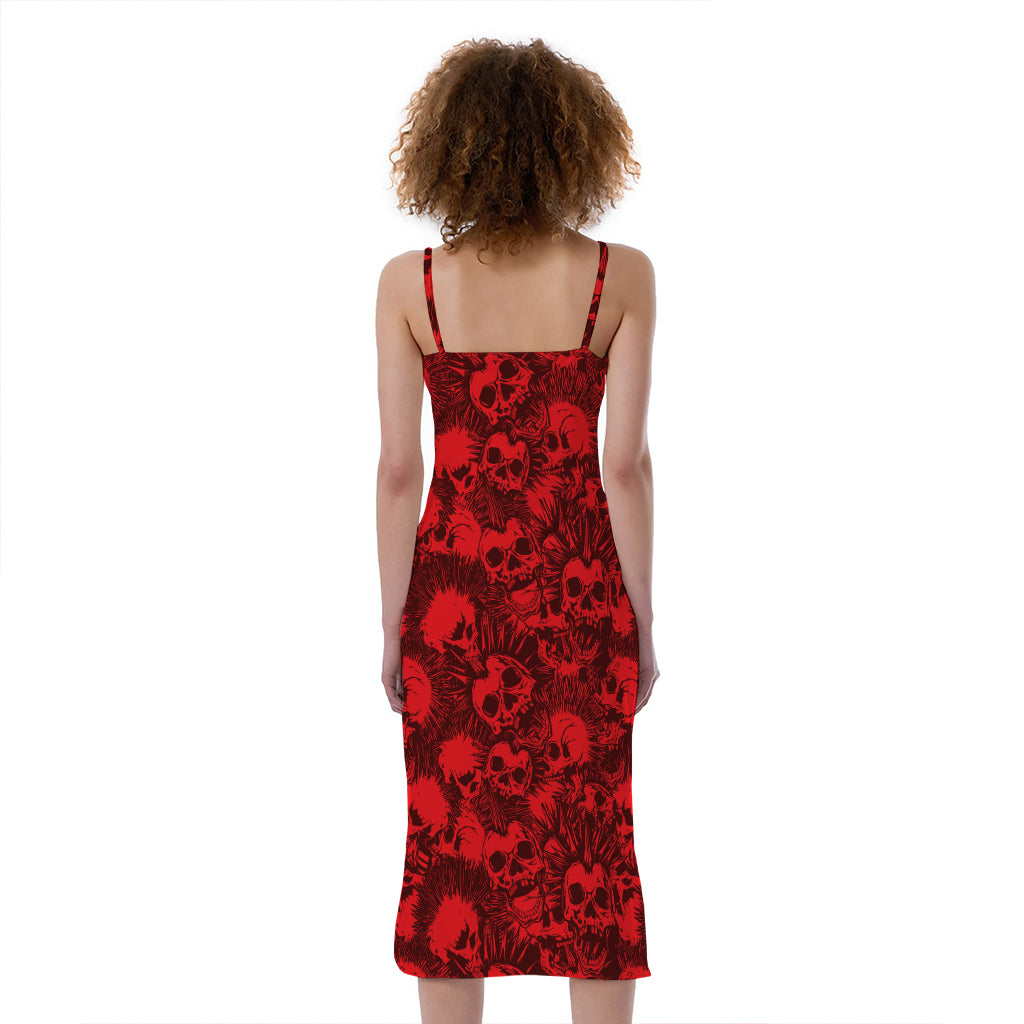 Red Punk Skull Pattern Print Slim Fit Midi Cami Dress