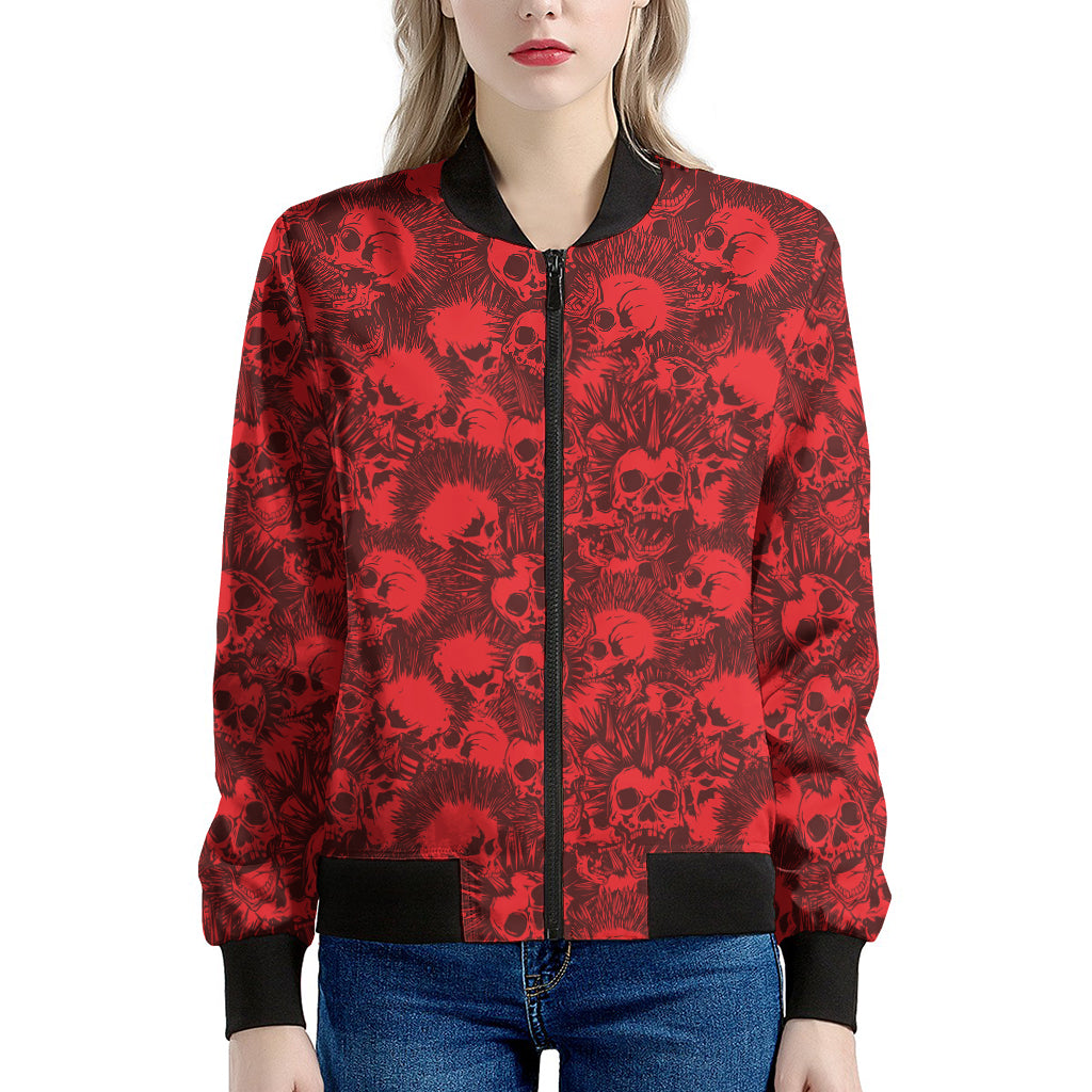 Red Punk Skull Pattern Print Women's Bomber Jacket