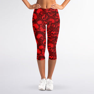 Red Punk Skull Pattern Print Women's Capri Leggings