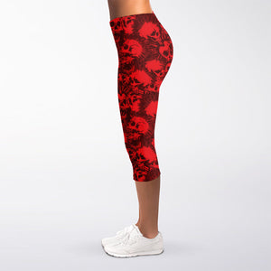 Red Punk Skull Pattern Print Women's Capri Leggings