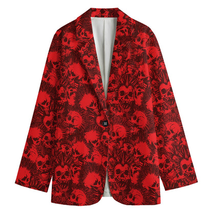 Red Punk Skull Pattern Print Women's Cotton Blazer