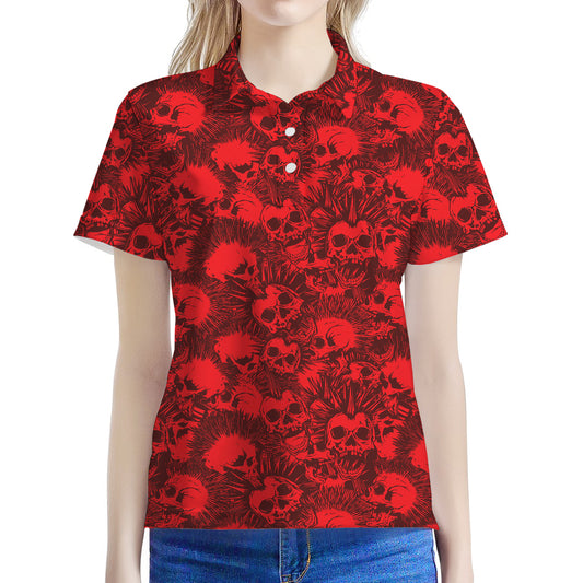 Red Punk Skull Pattern Print Women's Polo Shirt