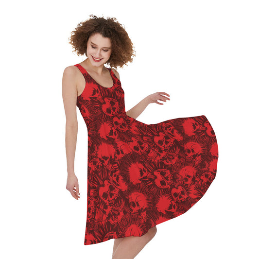 Red Punk Skull Pattern Print Women's Sleeveless Dress