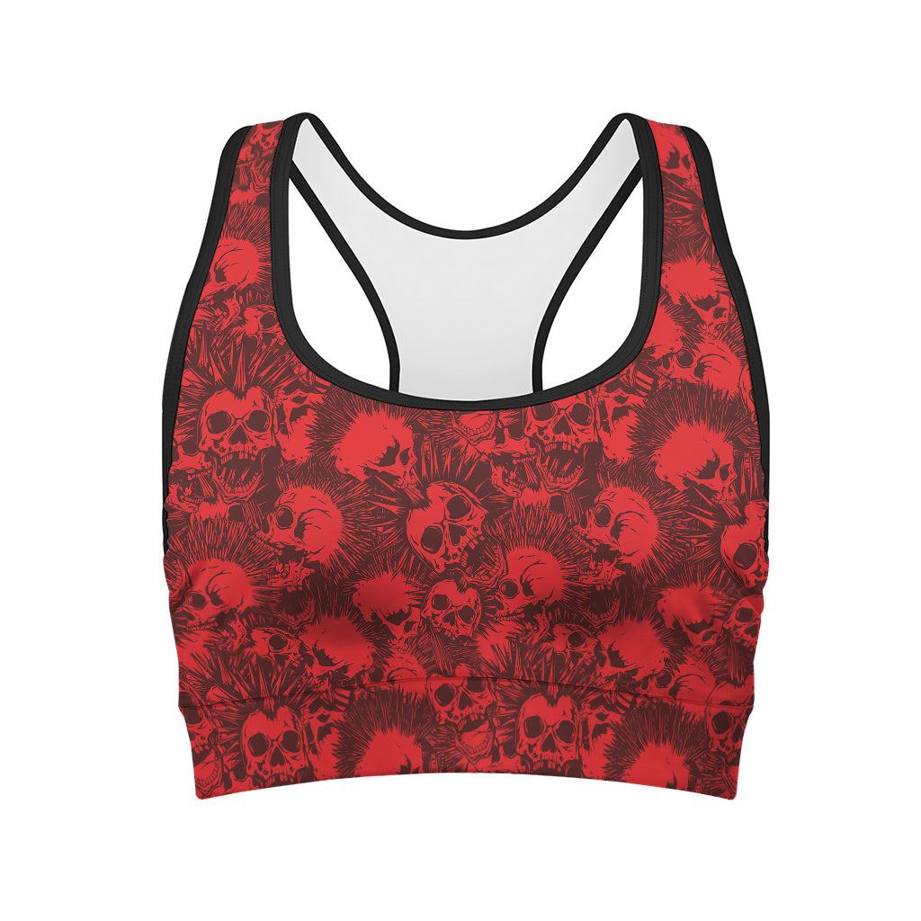 Red Punk Skull Pattern Print Women's Sports Bra