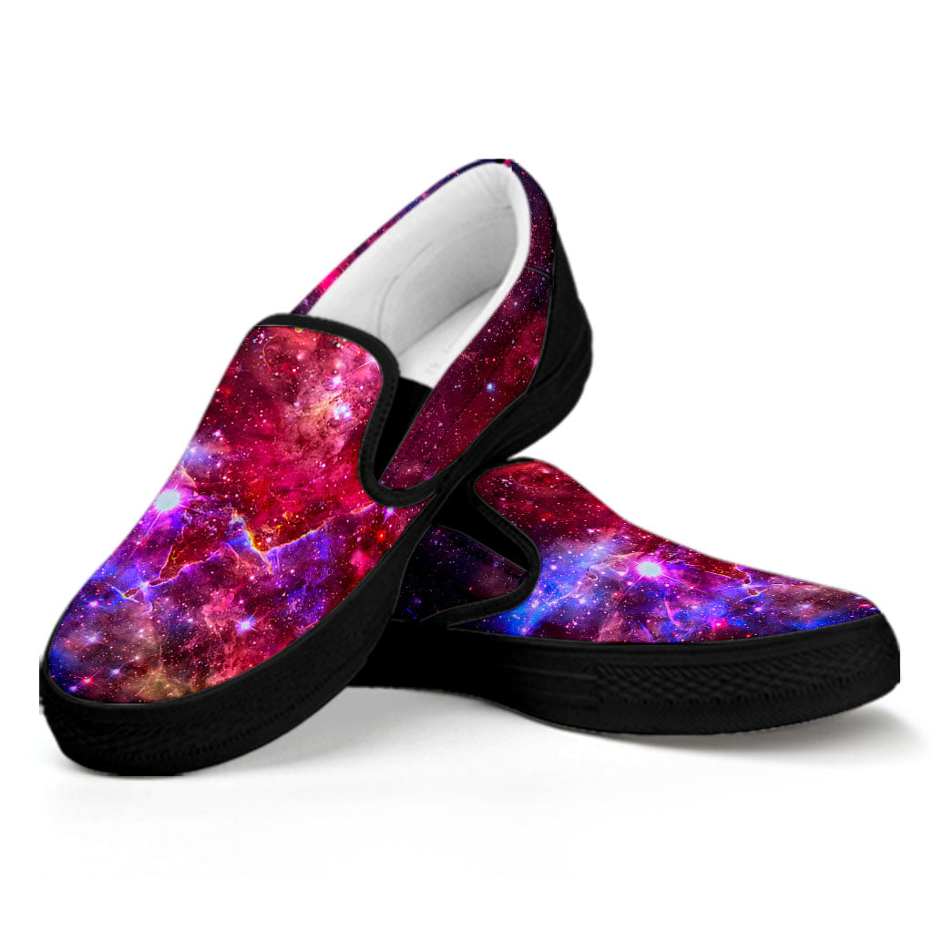 Red Purple Nebula Galaxy Space Print Black Slip On Sneakers