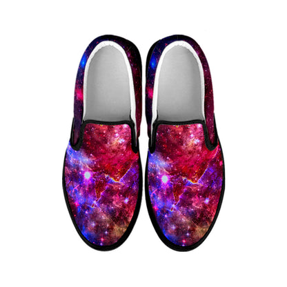 Red Purple Nebula Galaxy Space Print Black Slip On Sneakers