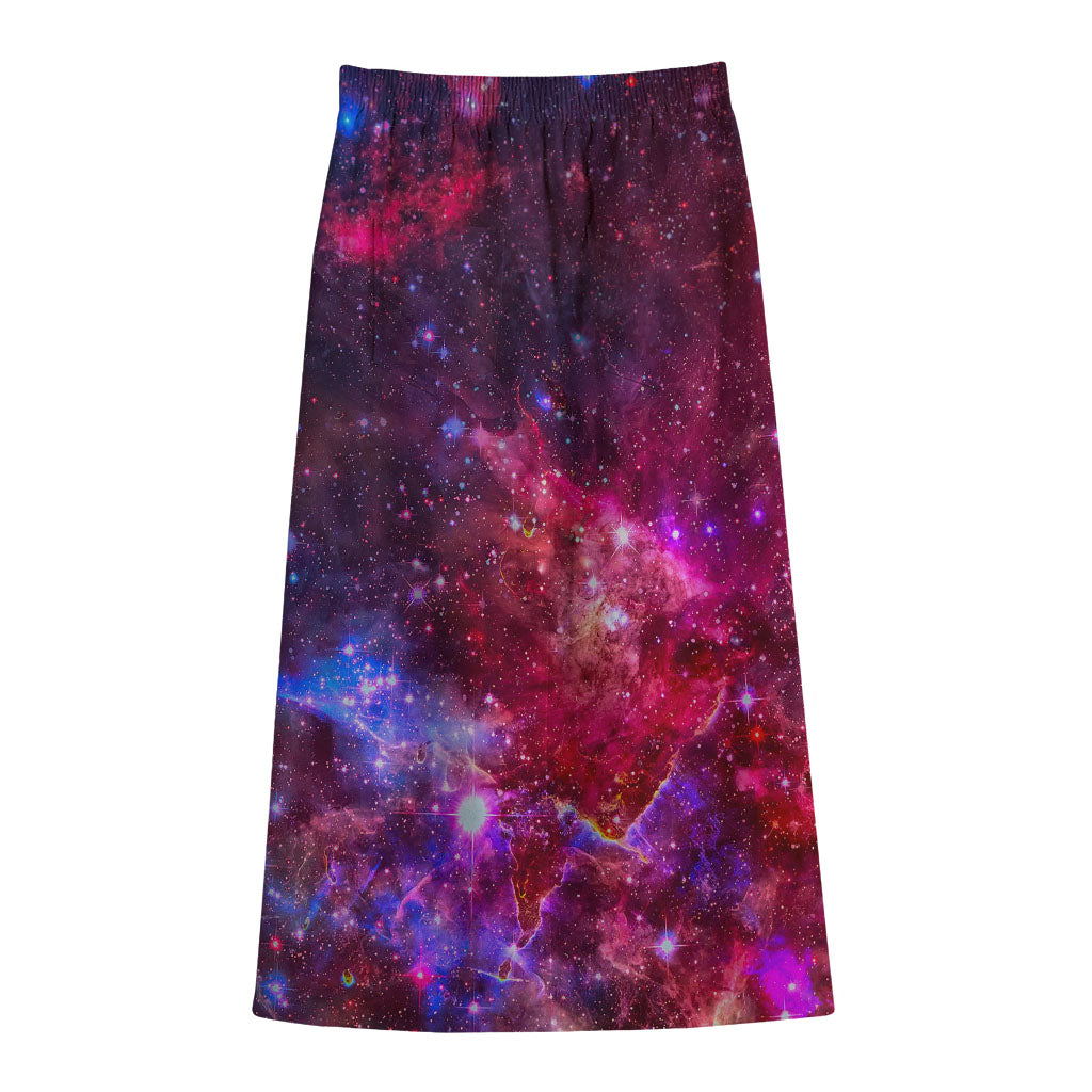 Red Purple Nebula Galaxy Space Print Cotton Front Slit Maxi Skirt