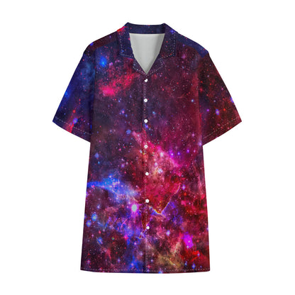 Red Purple Nebula Galaxy Space Print Cotton Hawaiian Shirt