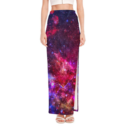 Red Purple Nebula Galaxy Space Print High Slit Maxi Skirt