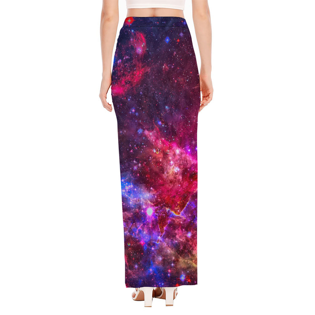 Red Purple Nebula Galaxy Space Print High Slit Maxi Skirt