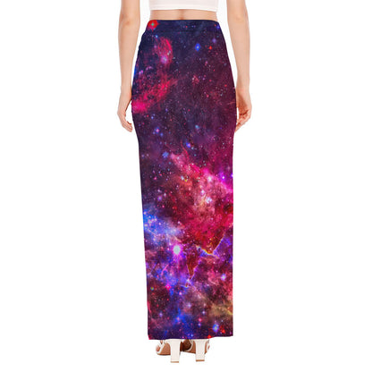Red Purple Nebula Galaxy Space Print High Slit Maxi Skirt