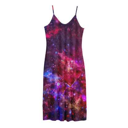 Red Purple Nebula Galaxy Space Print Jersey Midi Cami Dress