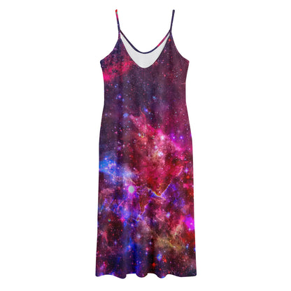Red Purple Nebula Galaxy Space Print Jersey Midi Cami Dress
