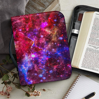 Red Purple Nebula Galaxy Space Print Leather Bible Cover