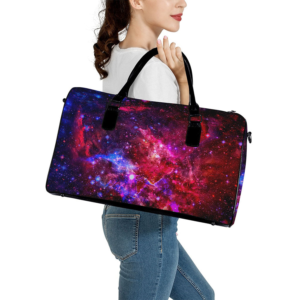 Red Purple Nebula Galaxy Space Print Leather Duffle Bag