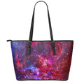 Red Purple Nebula Galaxy Space Print Leather Tote Bag With Zipper