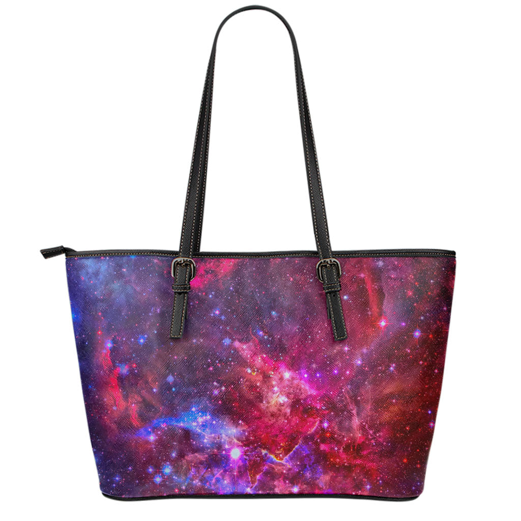 Red Purple Nebula Galaxy Space Print Leather Tote Bag