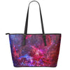 Red Purple Nebula Galaxy Space Print Leather Tote Bag