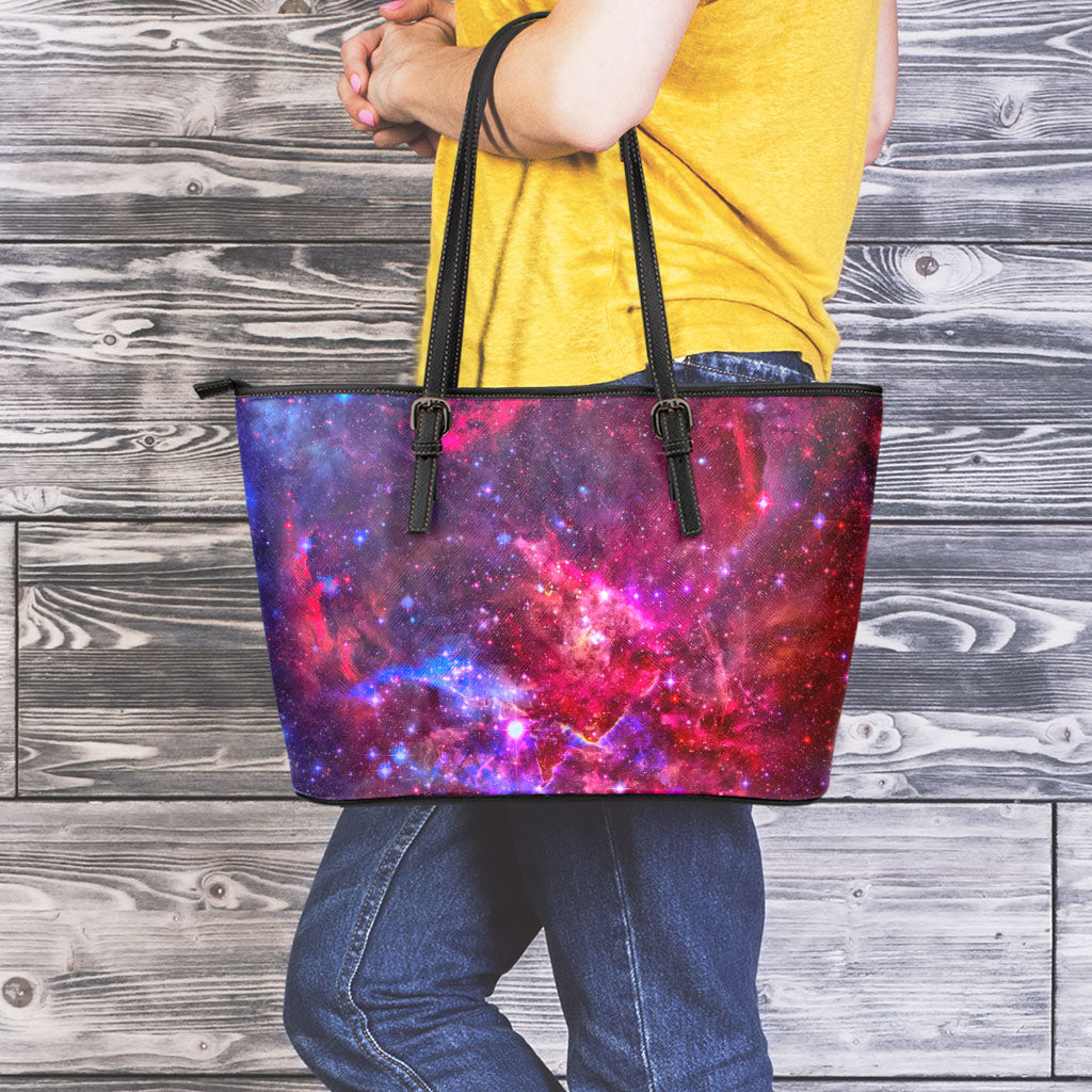 Red Purple Nebula Galaxy Space Print Leather Tote Bag