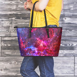 Red Purple Nebula Galaxy Space Print Leather Tote Bag