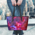 Red Purple Nebula Galaxy Space Print Leather Tote Bag