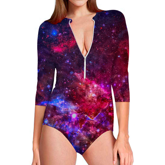 Red Purple Nebula Galaxy Space Print Long Sleeve Swimsuit