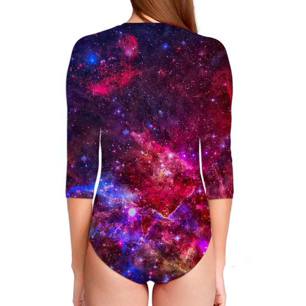 Red Purple Nebula Galaxy Space Print Long Sleeve Swimsuit