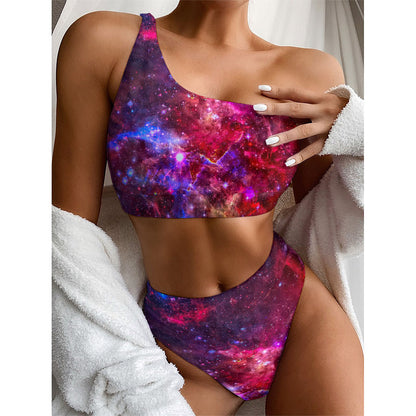 Red Purple Nebula Galaxy Space Print One Shoulder Bikini Top