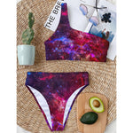 Red Purple Nebula Galaxy Space Print One Shoulder Bikini Top
