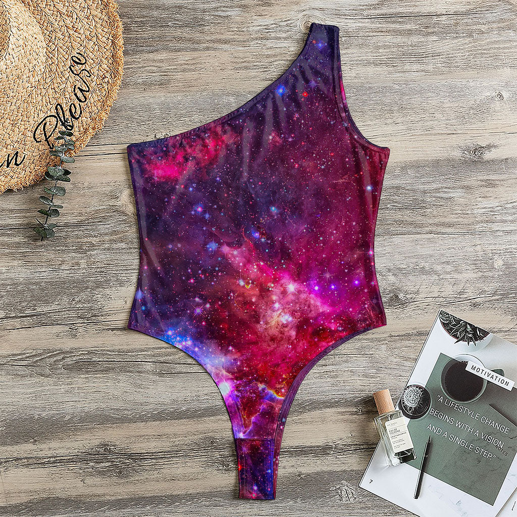 Red Purple Nebula Galaxy Space Print One Shoulder Bodysuit