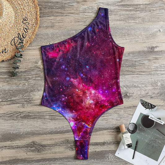 Red Purple Nebula Galaxy Space Print One Shoulder Bodysuit