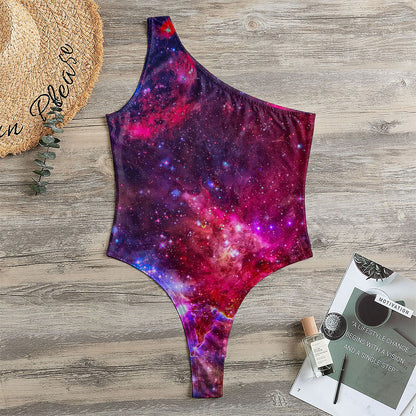 Red Purple Nebula Galaxy Space Print One Shoulder Bodysuit