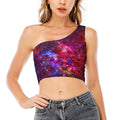 Red Purple Nebula Galaxy Space Print One Shoulder Crop Top