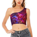 Red Purple Nebula Galaxy Space Print One Shoulder Crop Top