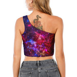 Red Purple Nebula Galaxy Space Print One Shoulder Crop Top