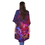 Red Purple Nebula Galaxy Space Print Open Front Beach Cover Up