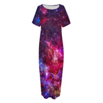 Red Purple Nebula Galaxy Space Print Short Sleeve Long Nightdress
