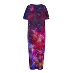Red Purple Nebula Galaxy Space Print Short Sleeve Long Nightdress
