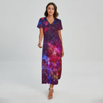 Red Purple Nebula Galaxy Space Print Short Sleeve Maxi Dress