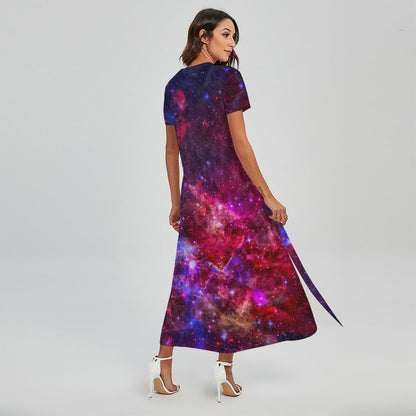 Red Purple Nebula Galaxy Space Print Short Sleeve Maxi Dress