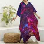 Red Purple Nebula Galaxy Space Print Silk V-Neck Kaftan Dress